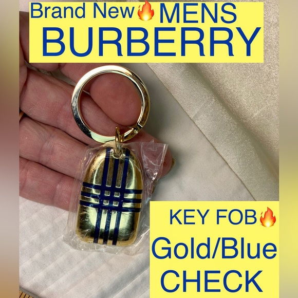 NEW BURBERRY Gold/Blue Enamel Check Key FOB/Key Chain🔥Textured🔥sealed🔥Great🎁 - Picture 3 of 13